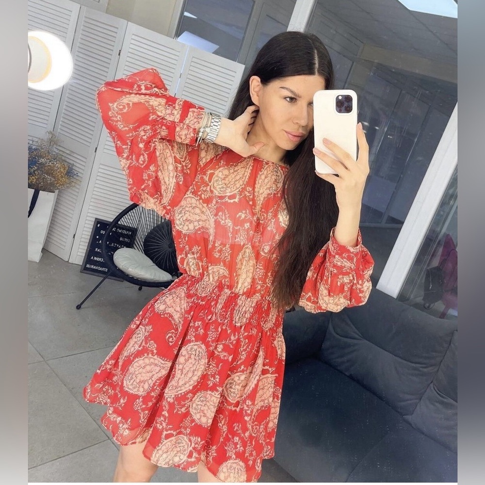 NWOT Zara Vibrant Red Paisley Long Sleeve Dress